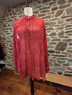 Escada Sport Red Fuchsia Floral Ruffle-Neck Button-Down Blouse